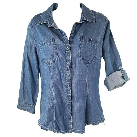American Rag Cie Tops - AMERICAN RAG Denim Button Up Shirt Women's XS Blouse Top Button Blue Frayed Edge